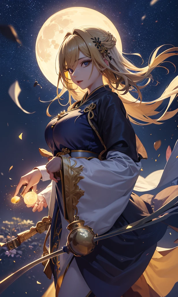 masterpiece, high quality, 4K, Beautiful design, silhouette，blonde， 非常に詳細な夜のStarry Sky,Flower Field， wonderful, Finer details,  Very knowledgeable woman, Highly detailed solo, 1 female,Big breasted aggressive，Magic User，Night view，Starry Sky，full moon，