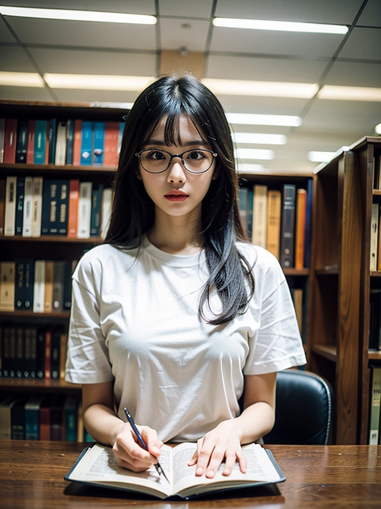 (Best quality, 8k, 32k, Masterpiece, UHD:1.2),Photo of Pretty Japanese woman, 1girl, (long dark black hair), bangs, double eyelid, large breasts, bad fashion, large white T-shirt, sweatpants, sitting in library, glasses, reading book, hands on table, upper body, holding book