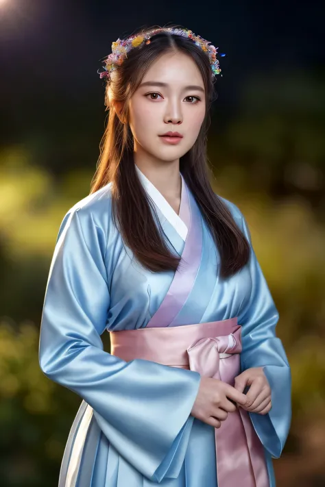 a young girl wearing a traditional korean hanbok dress, standing in a lush garden at night, the moon shining overhead, a crown a...