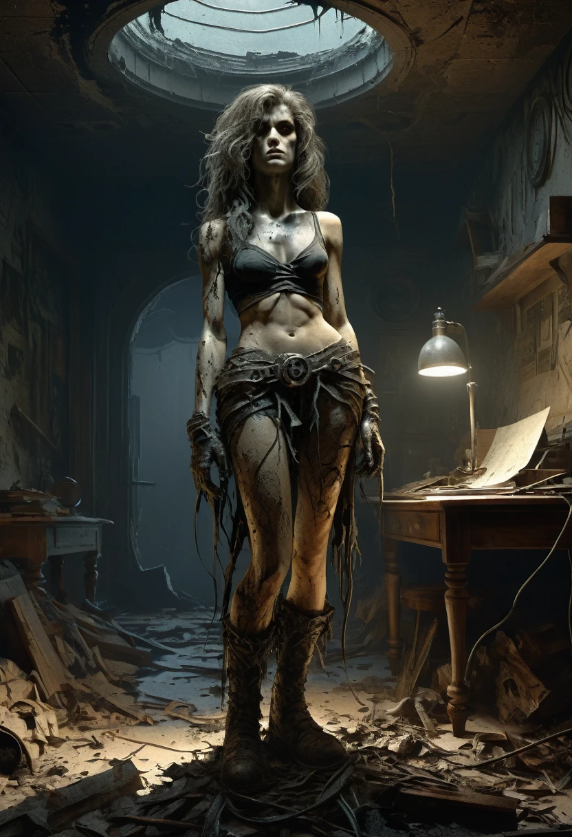 (Full length) A homely young woman who seems to fit in seamlessly with her surroundings. Her hair is disheveled and tangled, and her skin is covered in dirt and soot. However, her eyes glow with an anxious mind. (Frank Frazetta) (masterpiece), artstation trend, sharp focus, studio photo, intricate details, high detail, Greg Rutkowski, ultra hd, realistic, vivid colors, highly detailed, UHD drawing, pen and ink, perfect composition, beautiful detailed intricate insanely detailed octane render trending on artstation, 8k artistic photography, photorealistic concept art, soft natural volumetric cinematic perfect light