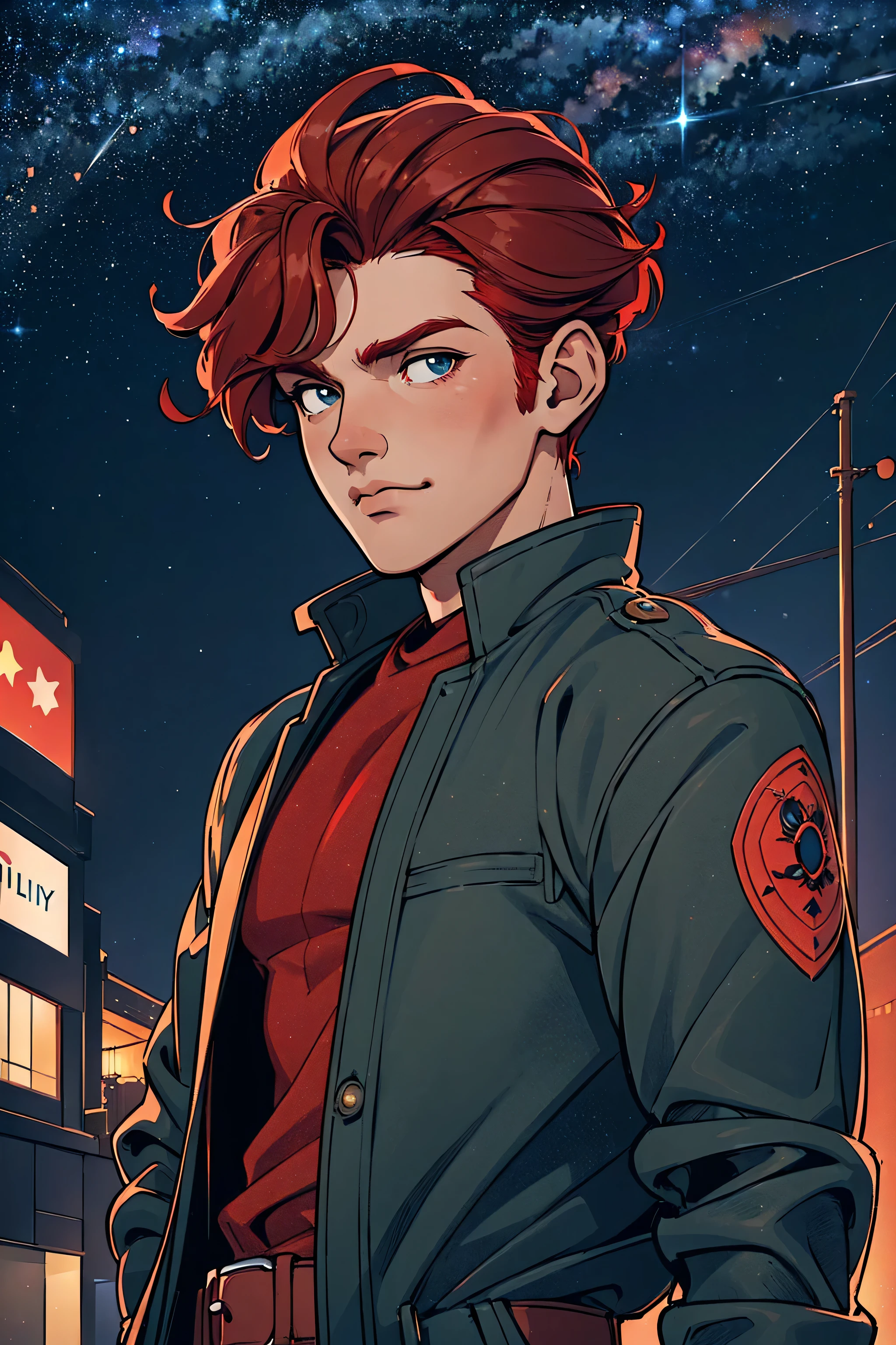 um homem, bonito, robusto, cabelo vermelho, Vestindo uma jaqueta, posicionado em uma estrada da cidade à noite, iluminação urbana suave, Céu estrelado ao fundo, Estilo de arte de desenho animado, Em uma pose natural, melhor qualidade, loraeyes