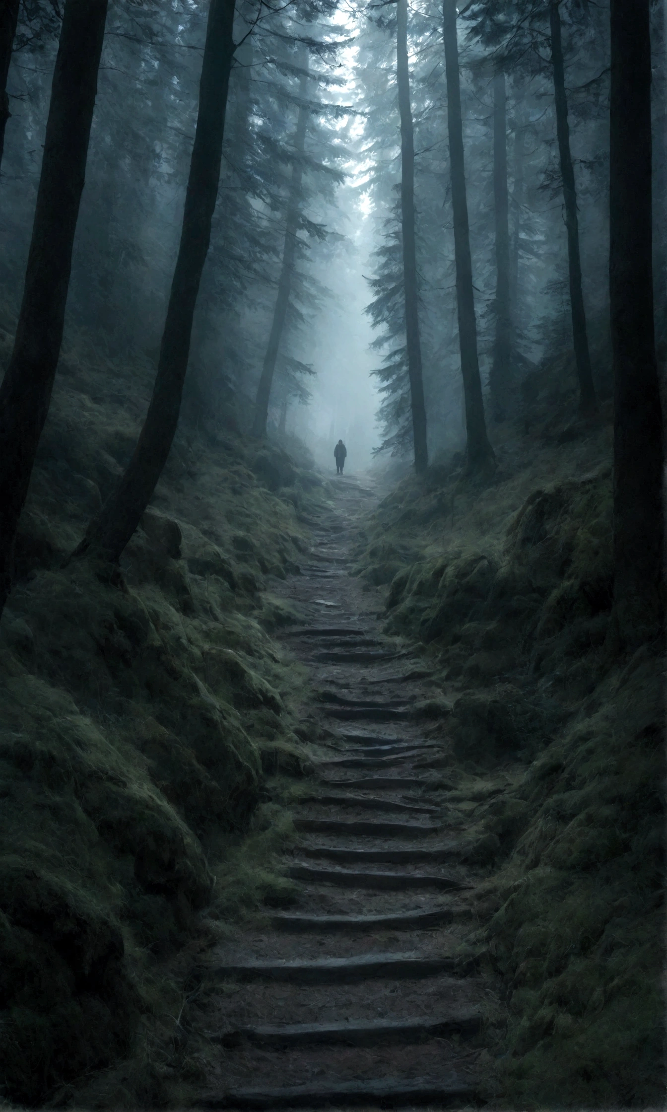 Uma trilha de terra no Monte Aire，Rodeado pela Floresta Negra, Este caminho leva ao topo da montanha, atmosfera escura, Histórias de terror