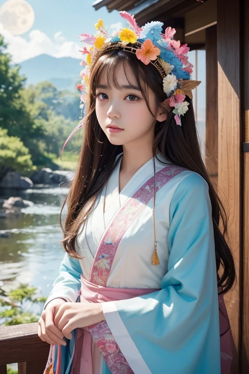 Top image quality、8K、​masterpiece：1.3))、Realistic high-quality photos、top-quality、girl cute-fine face、13 years old beautiful Japan girl、Photo of slim  model、Beautiful girl model、young japanese girl、Young cute face、japanaese girl、13-year-old female model、Beautiful Model Girl、The innocent look of the girl next door、lovely delicate face、Brown hair、Beautiful brown eyes、Tear bag、drooing eyes、young body、(fluttered detailed color splashs), (Illustration),(((1 girl))),(Long hair),(Rain:0.9), (Head dress: 1.4), There is an ancient palace next to the girl, Hanfu, (emphasis), Color Ink Painting, (splashed color), splashed color, (((Colorful))), (sketch: 0.8), masutepiece, Best Quality, beautiful painted, Highly detailed,(denoise:0.6),[Splash ink],((Ink refraction)), (Beautiful detailed sky),Moon,highly,Detailed,(masutepiece, Best Quality, Extremely detailed)