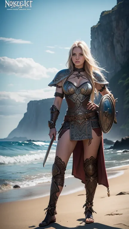 a Viking female  warrior standing on the beach next to the ocean, north female warrior, a very beautiful berserker woman, norse ...