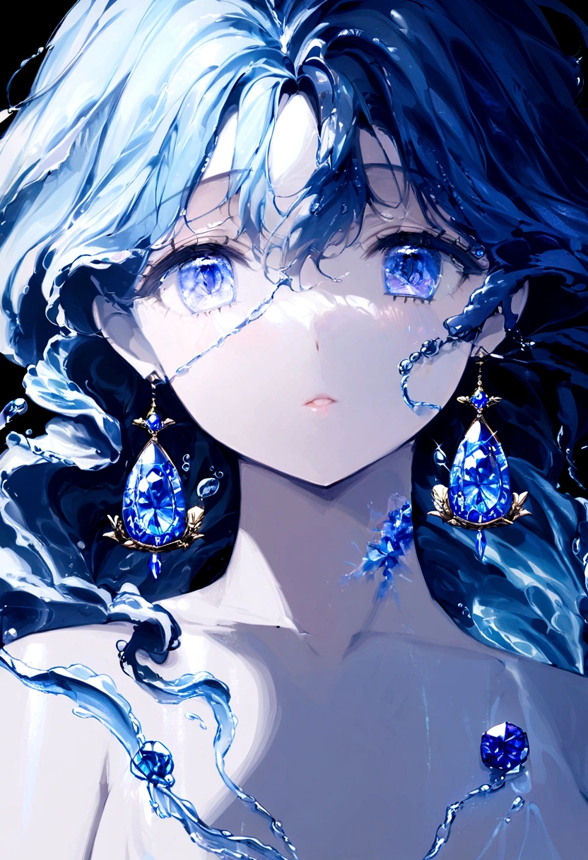 masterpiece, best quality,1girl, solo, blue eyes, blue hair, looking at viewer, jewelry, portrait, gem, blue theme, earrings, water, bangs, parted lips, hair between eyes, liquid hair, blue gemstone, collarbone, eyelashes