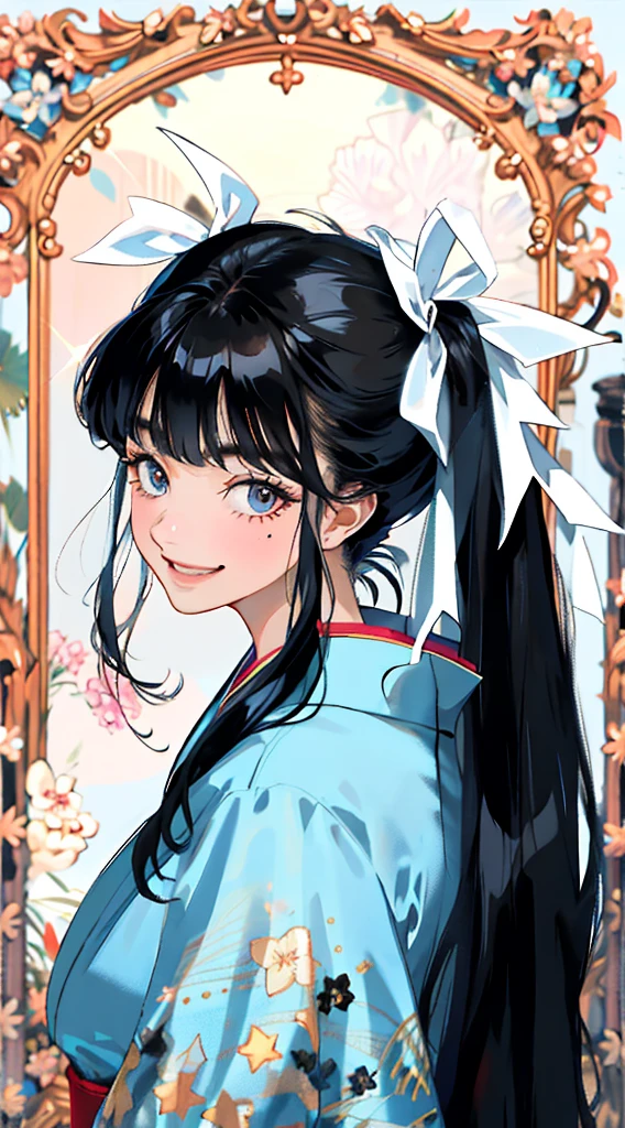 Black hair, bangs, curtained hair, crossed bangs, Messy hair, pony tails, bangs, curtained hair, crossed bangs, Long hair, Messy hair, pony tails, Big hair, side hair bun, hair ear, hair tying, hair flaps, widow peak, head gear, Hair ribbon, kanzashi, hairpods, white hair ribbon, Moles under eyes, Raised eyebrows, eyeball, Evil smile, crazy, Shy, scowling, jitome, gloom (expression), Seductive smile, anime big breast, Minimalism, Anime style, anime big breast, Minimalism, Anime style, angle of view, From above, hyper HD, retinas, Masterpiece, ccurate, Textured skin, Super detail, High quality, High details, Award-Awarded, Best quality, A high resolution, 16k, hyper HD, retinas, Masterpiece, ccurate, Textured skin, Super detail, High quality, High details, Award-Awarded, Best quality, A high resolution, 16k((Light blue long-sleeved kimono))((Undressed kimono))Big Breasts