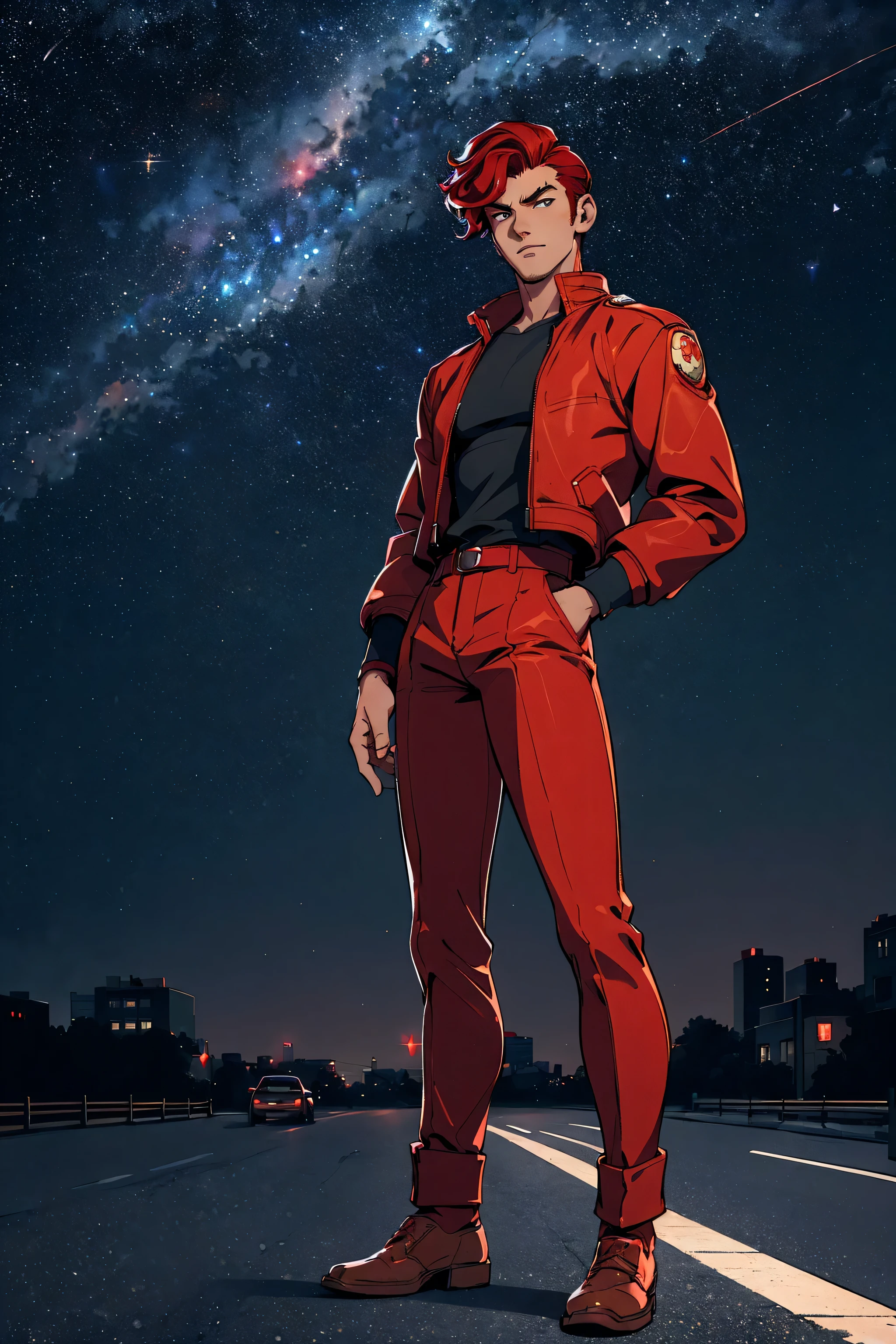 um homem, bonito, robusto, cabelo vermelho, Vestindo uma jaqueta, posicionado em uma estrada em uma cidade à noite, centrado na imagem, corpo todo, iluminação urbana suave, Céu estrelado ao fundo, Estilo de arte de desenho animado, Em uma pose natural, melhor qualidade