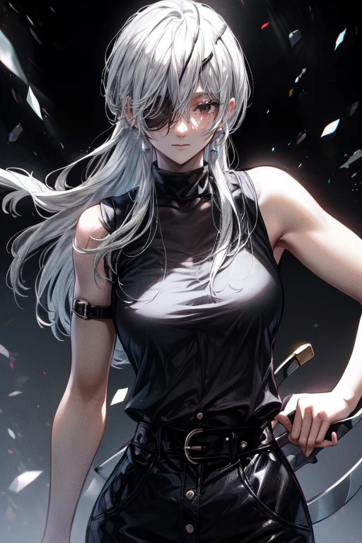 high quality, High detail, beautiful, beautiful face, White skin, Sleepy eyes, Iris, Calm face, Black eye patch on left eye, Medium length silver hair, slim, An athletic body, Black shirt with cut off sleeves、Black pants, Three swords at his waist, Holding a sword, Attack Position , Bloody background, Izumi Nishi from Chainsaw Man 