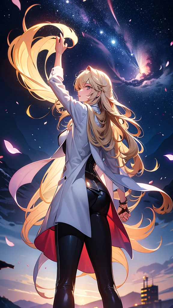 １people々々々々々,Blonde long hair，Long coat，silhouette，Dancer， Rear View，Space Sky, milky way, Anime Style, Dancing Petals，Night view of the city from the mountainside，
