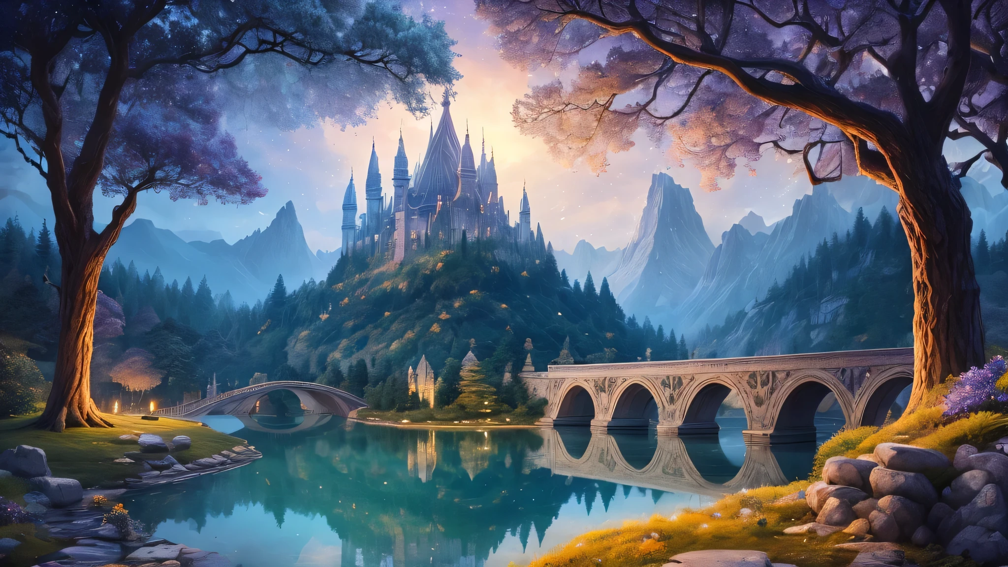 Create a breathtaking fantasy landscape set in the mythical land of Eldoria. The scene is an ethereal, moonlit night with a sky painted in hues of deep indigo and shimmering silver. The crescent moon hangs low, casting a gentle glow over the landscape.

In the foreground, depict a tranquil, crystal-clear lake whose surface mirrors the celestial wonders above. Surrounding the lake, ancient, towering willow trees with bioluminescent leaves sway gently in the breeze. Their branches, adorned with glowing blue and purple flowers, cascade gracefully towards the water, creating a mystical canopy.

To the left, an elegant, arching stone bridge made of translucent, enchanted crystals spans the lake. This bridge glows softly from within, as if infused with magical energy. On the bridge, a lone, robed figure stands, holding a staff that emits a soft, pulsating light, illuminating the path ahead.

Beyond the bridge, rolling hills covered in lush, emerald grass lead up to majestic, snow-capped mountains that pierce the sky. These mountains are not ordinary; their peaks sparkle with embedded gemstones of various colors, and gentle waterfalls cascade down their sides, glistening in the moonlight.

In the distance, nestled at the base of the mountains, lies a grand, ancient city with towering spires and domes that glow with an inner light. The architecture is a blend of elven grace and dwarven solidity, with intricate carvings and floating lanterns that add to the city’s enchanting ambiance.

Above the city, mythical creatures such as dragons and phoenixes soar gracefully, leaving trails of sparkling stardust in their wake. Among the clouds, faint constellations form mythical shapes, as if the heavens themselves are telling a story.

To the right, a dense, enchanted forest with trees that have silver bark and golden leaves stretches towards the horizon. Within the forest, the soft glow of fairy lights can be seen, hinting at hidden, magical creatures and secret, mystical groves.