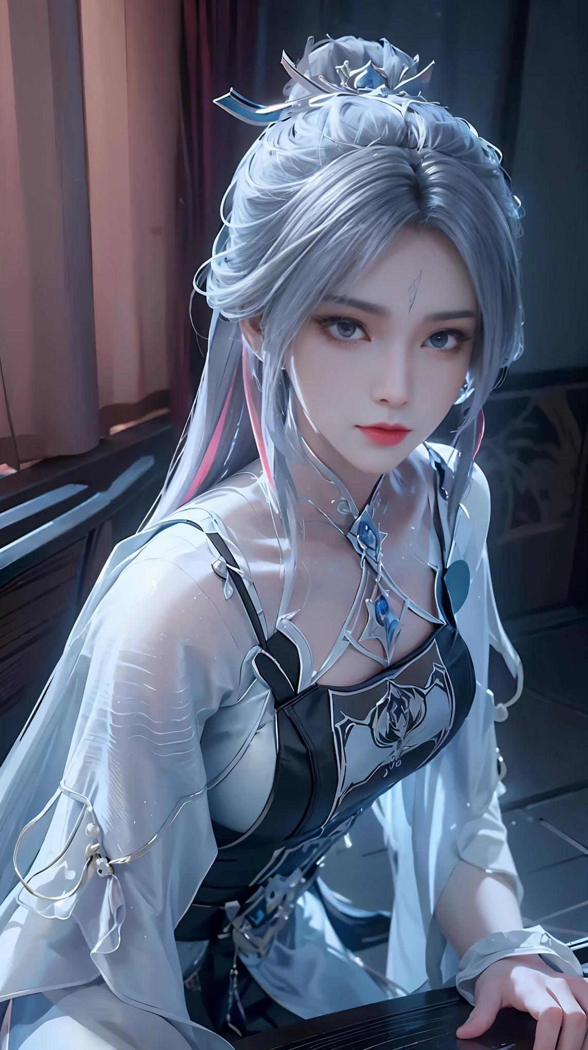 a white hair、Close-up of miss wearing white mask, Beautiful character painting, guweiz, Gurwitz-style artwork, White-haired god, author：Yang Jie, Epic and beautiful character art, Stunning character art, author：Fan Qi, by Wuzhun Shifan, pixiv Art Street Guviz, Single ponytail, insult, High Ponytail, Tall and big, Long legs, (sleeveless lace shirt), (shorts), (Striped )), ((Striped )), Walk, elegant, dignified, miss, Beautiful curves, sweet smile, Strong sense of detail and layering, color丰富绚丽, Has a unique texture, rich and colorful, color, vivid, Design Art, 16K, Super detailed, {{illustration}}, {Extremely refined}, {Exquisite surface treatment}, Super detailed, Delicate and shining eyes, {{Light}}, 极致Light效果, Model: realism, CFG size: 12, Laura: Bright texture (1.35), high quality, masterpiece, Exquisite facial features, Delicate hair depiction, Detailed depiction of the eyes, masterpiece, best quality, Light線追蹤, Extremely detailed CG unified 8k wallpaper, masterpiece, best quality, (1 girl), 完美miss身材, (((tight white t shirt))), beautiful eyes, (Delicate face), Black short hair, Tie your hair up, Light blue hairpin, Black silk frame glasses, in class, (White skin), (Optimal Lighting), (Super intricate details), 4k unity, (Super detailed CG), Showing off her white legs, , Hot Pants, shorts,性感Long legs, Thin waist, Sweat is running down my waist, Showing belly, Extremely detailed depiction, Pink Hair, Asymmetrical bangs, Transparent clothes, Hands on thighs, 把目Light移開, 8k resolution, Raise an eyebrow, shiny hair, Flower head, Wristbands, bandage，Leather sexy pose, simple grey background, Climbing towards the audience, kitten pose, On all fours,