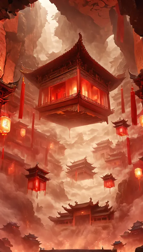 a beautiful girl in a red robe, ancient chinese underground temple, intricate detailed architecture, floating in the air, eerie ...