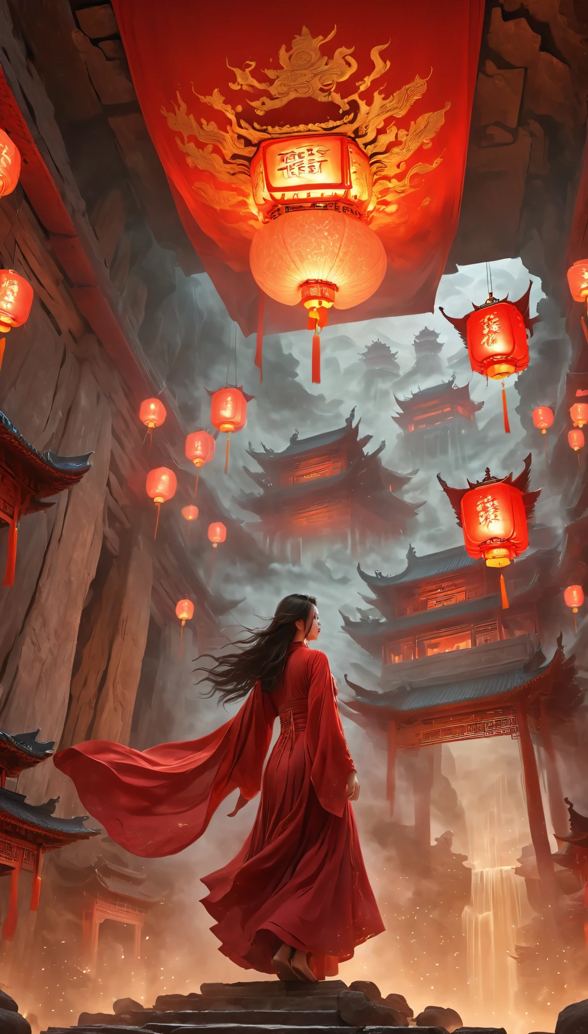 a beautiful girl in a red robe, ancient chinese underground temple, intricate detailed architecture, floating in the air, eerie lighting, spacious and gloomy atmosphere, (best quality,4k,8k,highres,masterpiece:1.2),ultra-detailed,(realistic,photorealistic,photo-realistic:1.37),intricate architecture, ornate details, dramatic lighting, moody atmosphere, stunning beauty, flowing red robes, mysterious ancient ruins, haunting presence，Shawl with long hair，Hair covering face