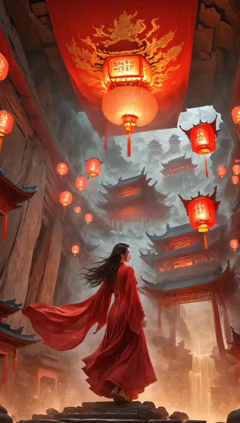 a beautiful girl in a red robe, ancient chinese underground temple, intricate detailed architecture, floating in the air, eerie ...