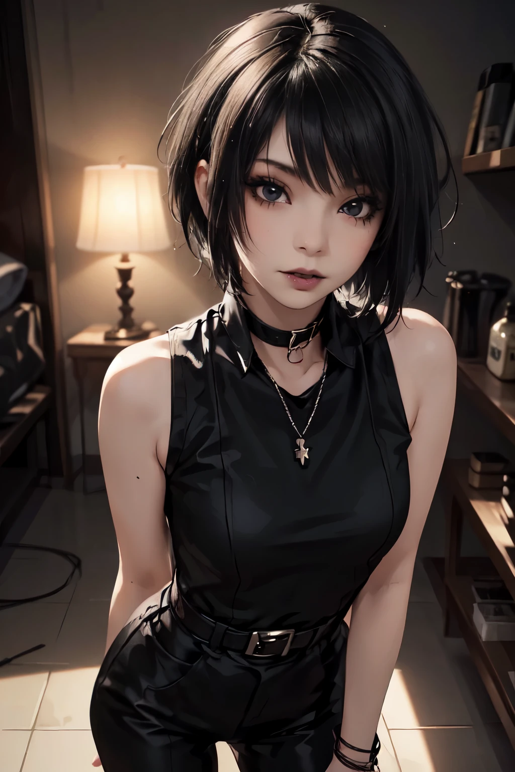 1Girl, woman, emo_hairstyle, black lipstick, dog collar, eyeliner, eye shadow, smoky eyes, realistic lighting, short hair, standing up, sexy military outfit, sleeveless.