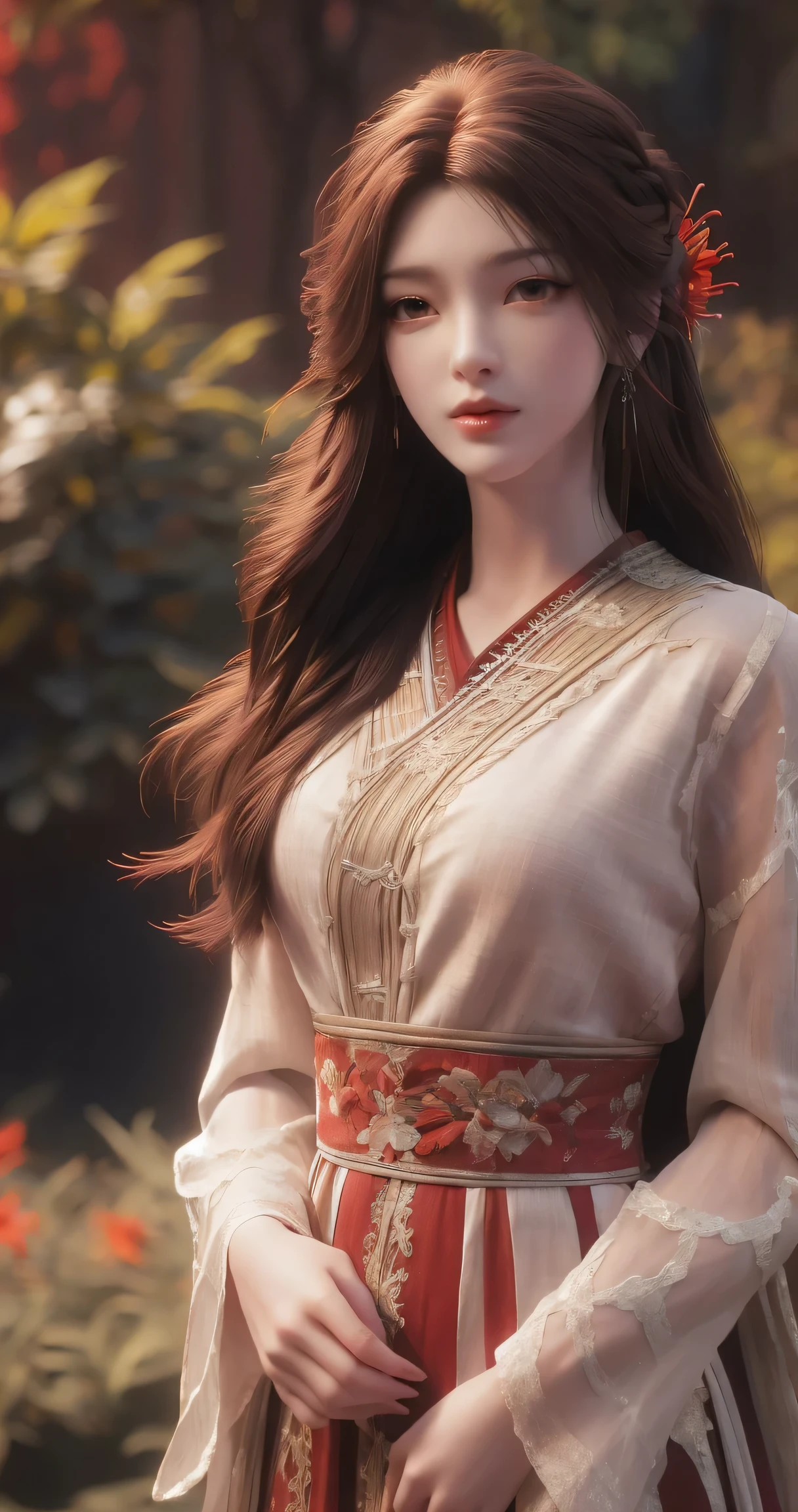 (absurdres, highres, ultra detailed), 1girl, solo, mature, (very long hair, red hair), Baroque, long dress, phoenix dress, long sleeve, elegant, colorful, highest detailed, upper body, outdoors, garden 