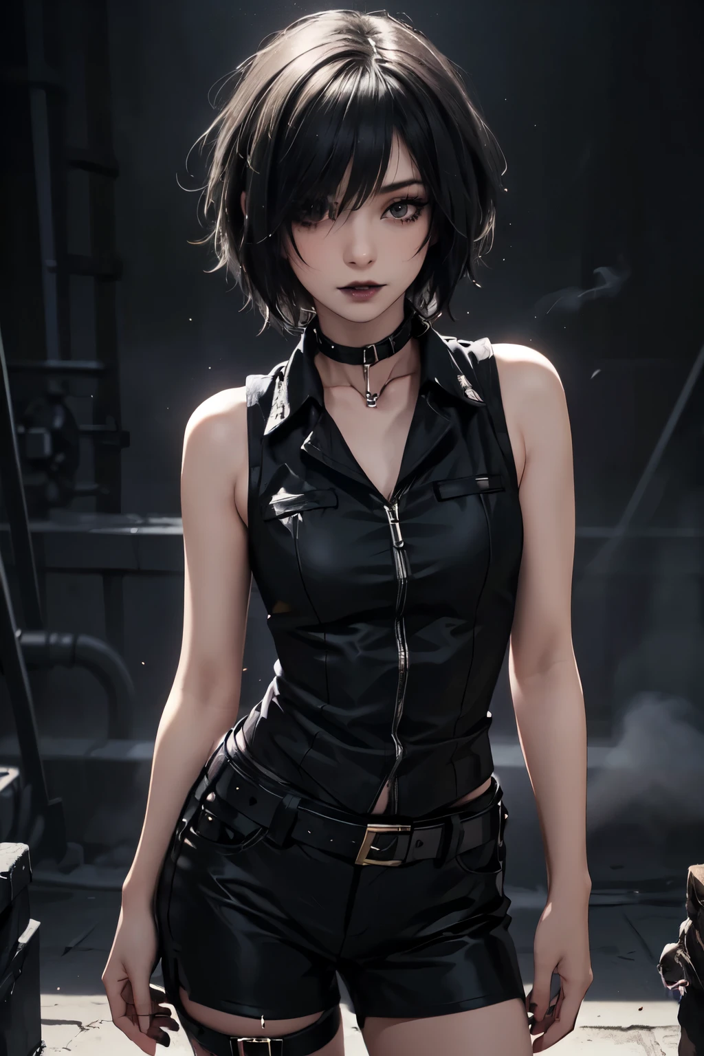 1Girl, woman, emo_hairstyle, black lipstick, dog collar, eyeliner, eye shadow, smoky eyes, realistic lighting, short hair, standing up, sexy military outfit, sleeveless.