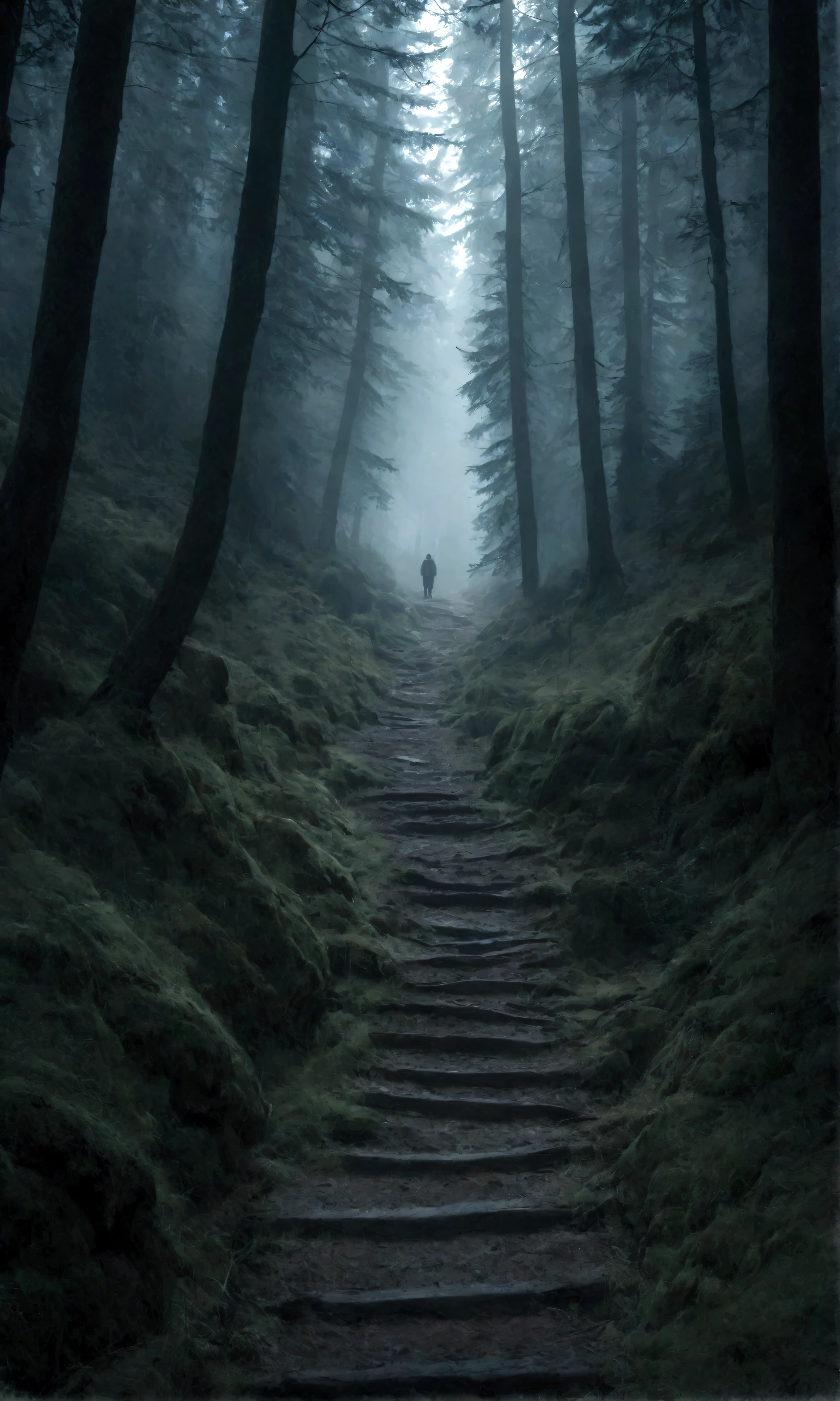 A dirt hiking trail on Mount Aire，Surrounded by the Black Forest, This path leads to the top of the mountain, Dark atmosphere, Horror stories