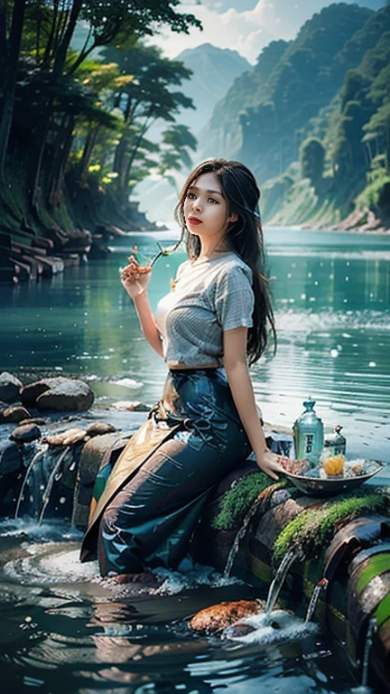 kein Oberteil, langen Rock ist bedeckt Eine schöne burmesische Frau nimmt ein entspannendes Bad am Fluss.  Baden mit einem Glas Wasser und dem ganzen Körper nass machen.