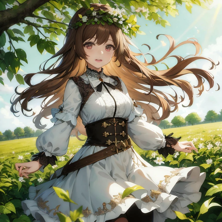 Anime-Mädchen im weißen Kleid mit langen braunen Haaren und Katze, episches Light Novel-Art-Cover, süße Anime-Waifu in einem schönen Kleid, Anime-Mädchen mit langen Haaren, cushart krenz key art feminine, von Mädchenfrontline, feine Details. Mädchenfrontlinie, hochdetailliertes offizielles Kunstwerk, detaillierte Schlüssel-Anime-Kunst, marin kitagawa fanart, Anime-Bilder von süßen Mädchen