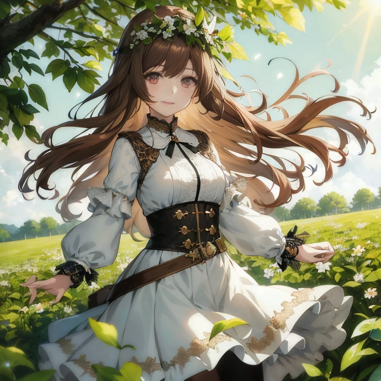 Anime girl in white dress with long brown hair and cat, epic light novel art cover, Cute anime waifu in a nice dress, Anime Girl with Long Hair, cushart krenz key art feminine, from girls frontline, Fine details. girls' frontline, high detailed official artwork, Detailed key anime art, marin kitagawa fanart, Anime visuals of cute girls