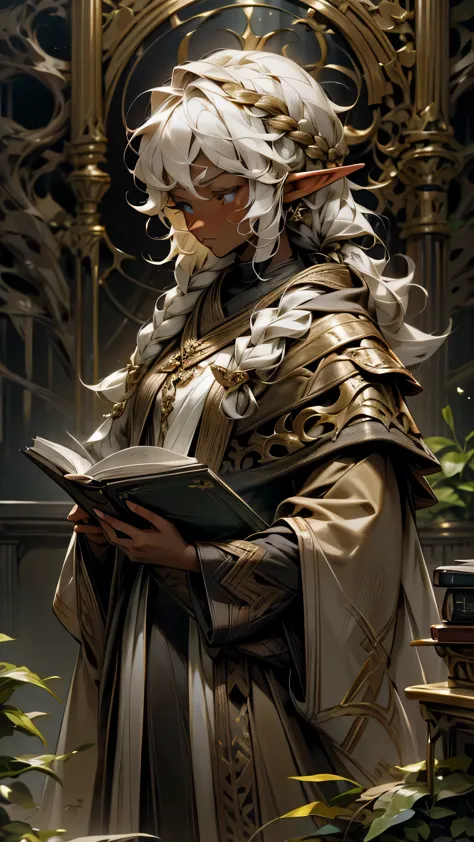An elf with brown skin and large, curly white hair with a braid on one side covering her shoulder, she is wearing black and gold...