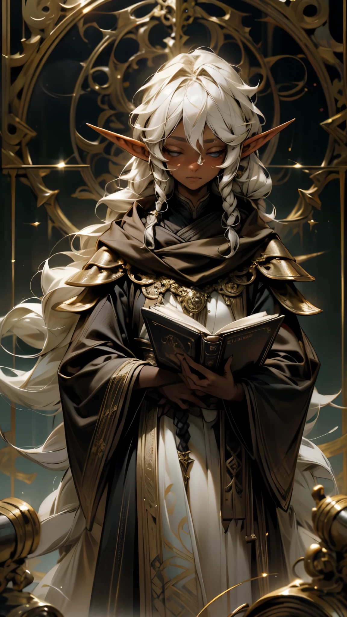 An elf with brown skin and large, curly white hair with a braid on one side covering her shoulder, she is wearing black and gold robes with her staff at her side, reading a book while looking thoughtful and reflective