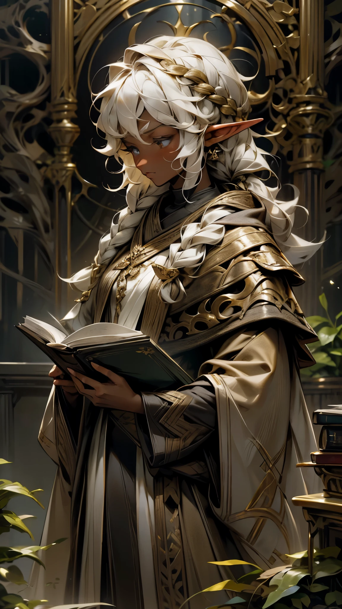 Um elfo de pele marrom e grande, cabelo branco cacheado com uma trança de um lado cobrindo o ombro, ela está vestindo vestes pretas e douradas com seu cajado ao seu lado, lendo um livro enquanto parece pensativo e reflexivo