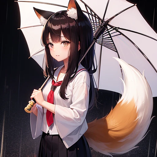 Kitsune, girl, school girl, nut-brown hair, cute, short, beauty, in rain, rain, umbrella, holding a umbrella, under rain, Kitsune girl under rain, fox ears, fox tail, black eyes, cloudy weather, a bit sad eyes, sad, almost crying, girl looking down,wet clothes, girl looking down