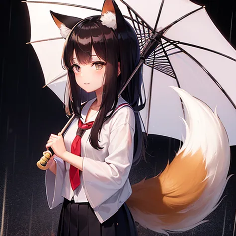 Kitsune, girl, school girl, nut-brown hair, cute, short, beauty, in rain, rain, umbrella, holding a umbrella, under rain, Kitsun...