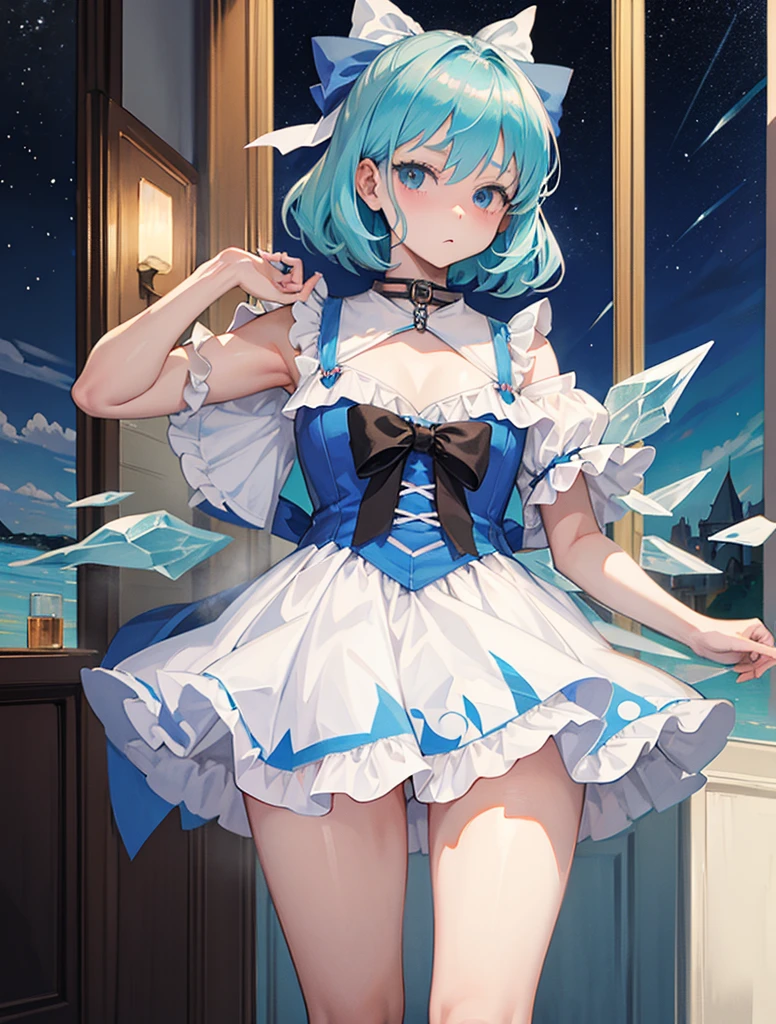 hica anime con un collar de perlas y un collar de perlas sobre una nota musical., nocturno, un retrato anime de cirno, Obra oficial, cambiar, cirno touhou, cirno, diosa del anime, cirno del deseo, I will deny the matter, del deseo, deidad de pelo blanco, high detailed Obra oficial, Anime de arte salpicado , Obra oficial hdr