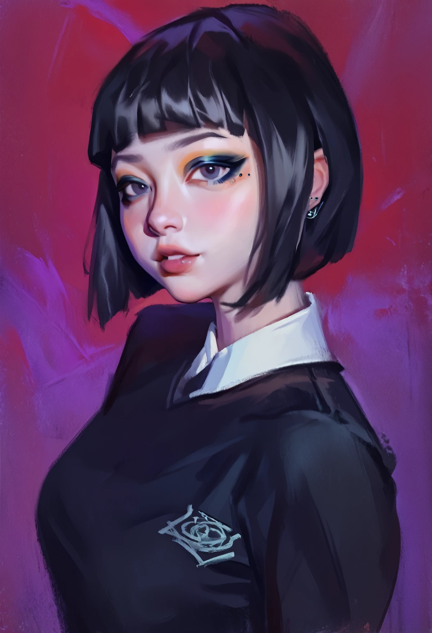 smudgy, traditional art, liu2, brush texture, score_9, score_8_up, score_7_up, score_6_up, score_5_up, score_4_up, BREAK 1girl, intricate, school outfit , (eyeliner:1.2), looking at viewer, black hair, hime-cut, pale skin, jewelry, detailed background, breasts (masterpiece, high quality:1),
