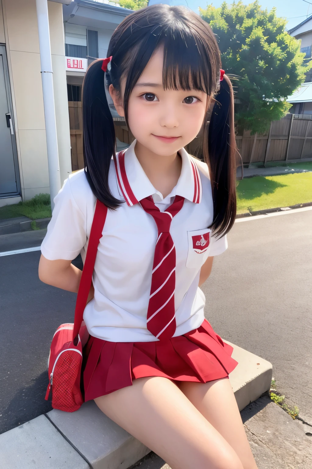 Arafed asian girl in a school uniform sitting on a curb - SeaArt AI