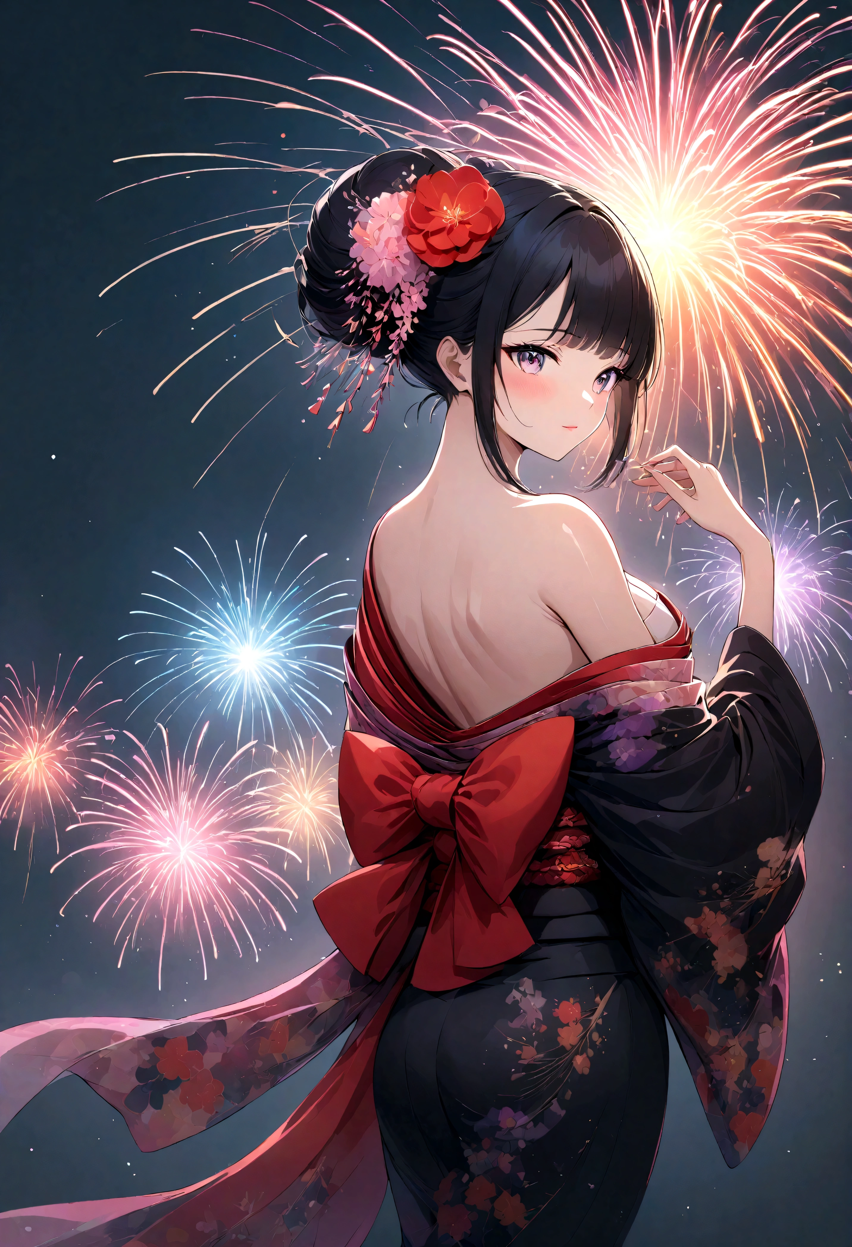 estilo anime, Garota SW Maiko, Uma mulher vestindo um quimono elegante, Uma espetacular queima de fogos de artifício, Expressando a encantadora harmonia entre uma mulher adulta sedutora e fogos de artifício, Fogos de artifício coloridos, cores vibrantes, cor cheia, Ilustrações detalhadas e nítidas, 