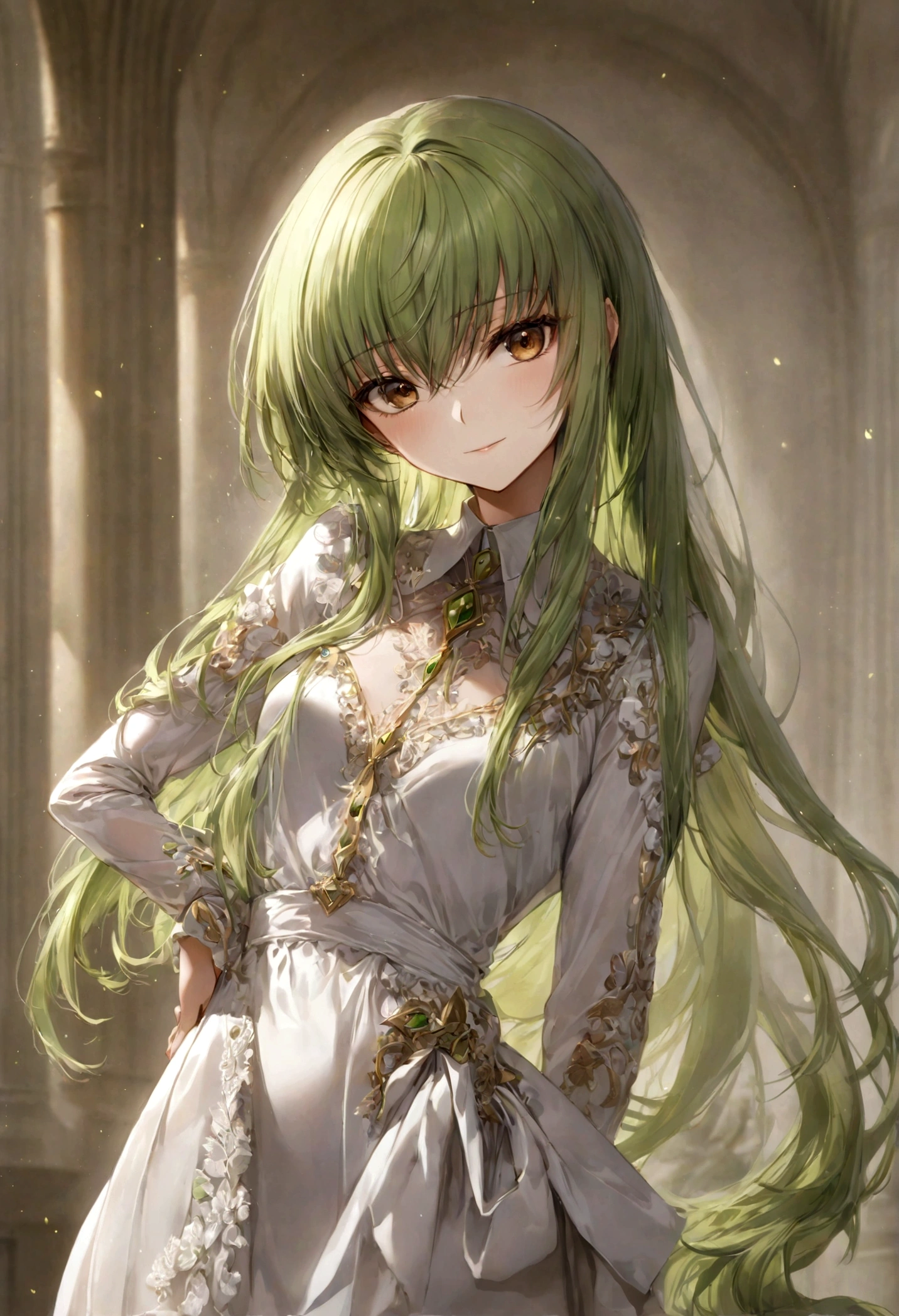 (1girl, Code Geass), C.C., "CODE GEASS Lelouch of the Rebellion", solo, (green hair), cc_codegeass, long hair, straight hair, bangs, brown eyes, hair between eyes, dress, hand on hip, seductive smile, looking at viewer, (masterpiece, best quality, Professional, perfect composition, very aesthetic, absurdres, ultra-detailed, intricate details:1.3)