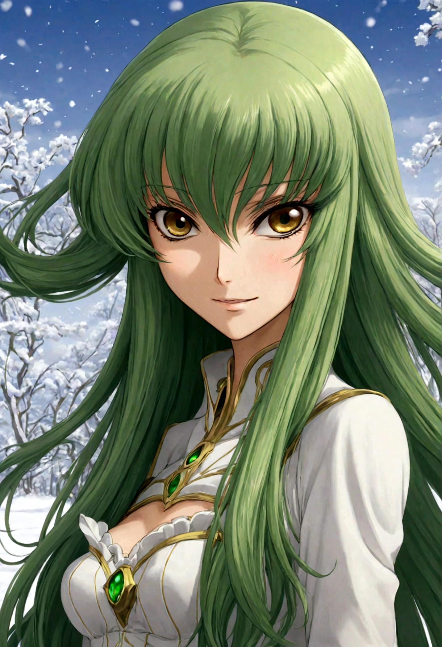 (1girl, Code Geass), C.C., "CODE GEASS Lelouch of the Rebellion", solo, (green hair), cc_codegeass, long hair, straight hair, bangs, brown eyes, hair between eyes, winter, seductive smile, looking at viewer, (masterpiece, best quality, Professional, perfect composition, very aesthetic, absurdres, ultra-detailed, intricate details:1.3)