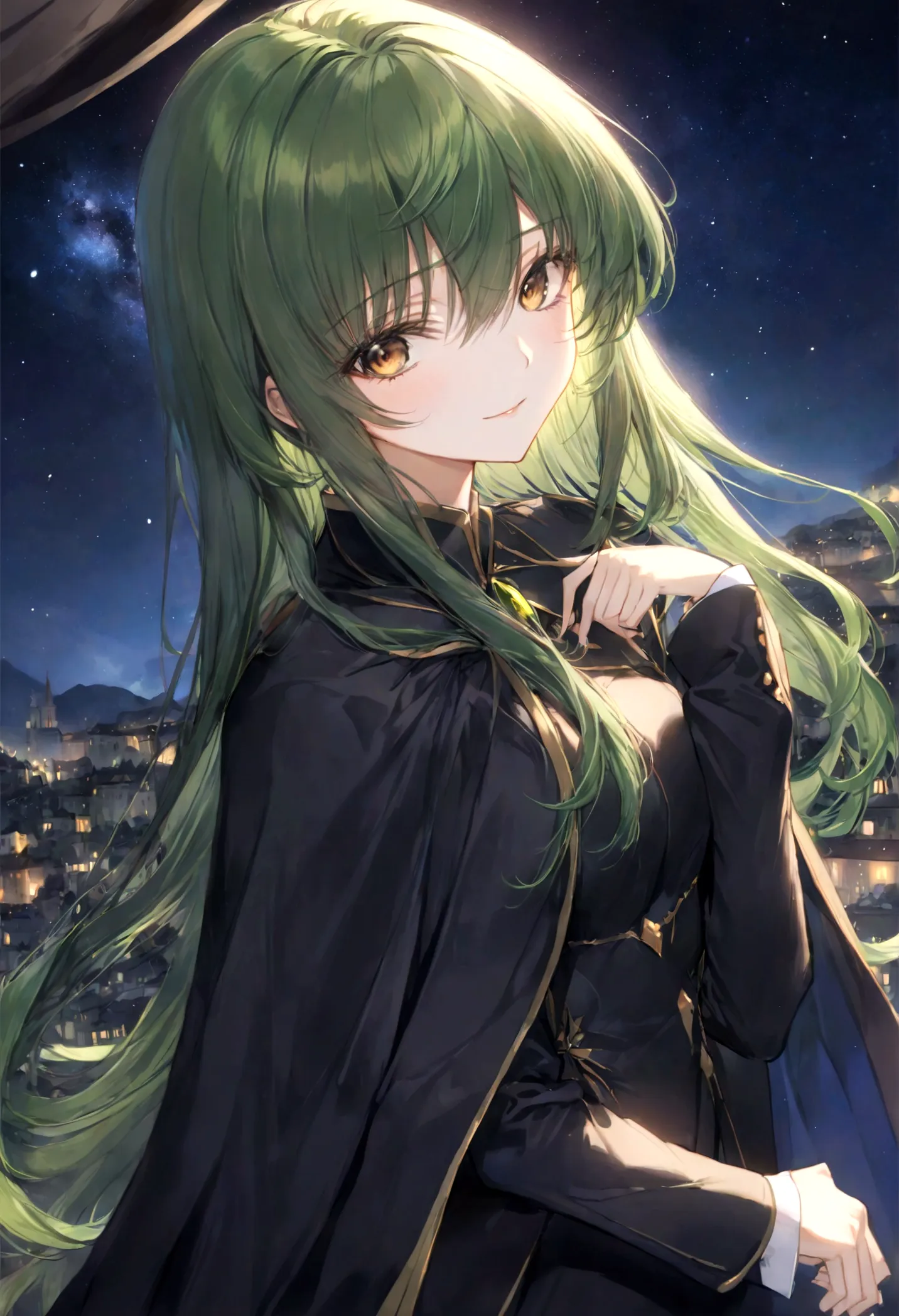 (1girl, code geass), c.c., "code geass lelouch of the rebellion", solo, (green hair), cc_codegeass, long hair, straight hair, ba...