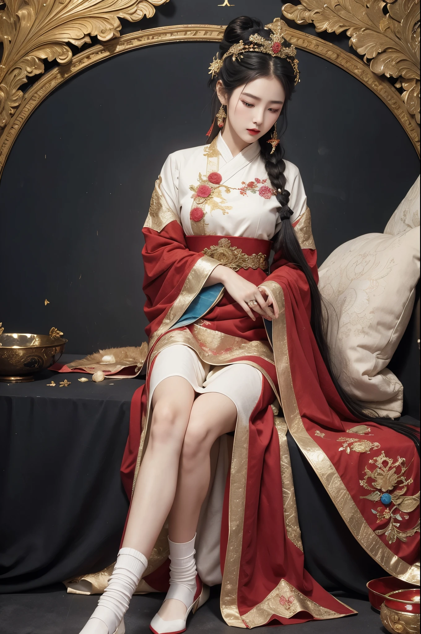 Wearing a star crown, flying colorfully，Wearing a red vestment。The shoes under your feet are full of embellishments，The precious belt around the waist is exquisite。A pair of Najin Lingbo socks，Half exposed skirt with embroidered velvet。Holding the Ruyi Golden Hook，The Jinzunli pole is as long as a python