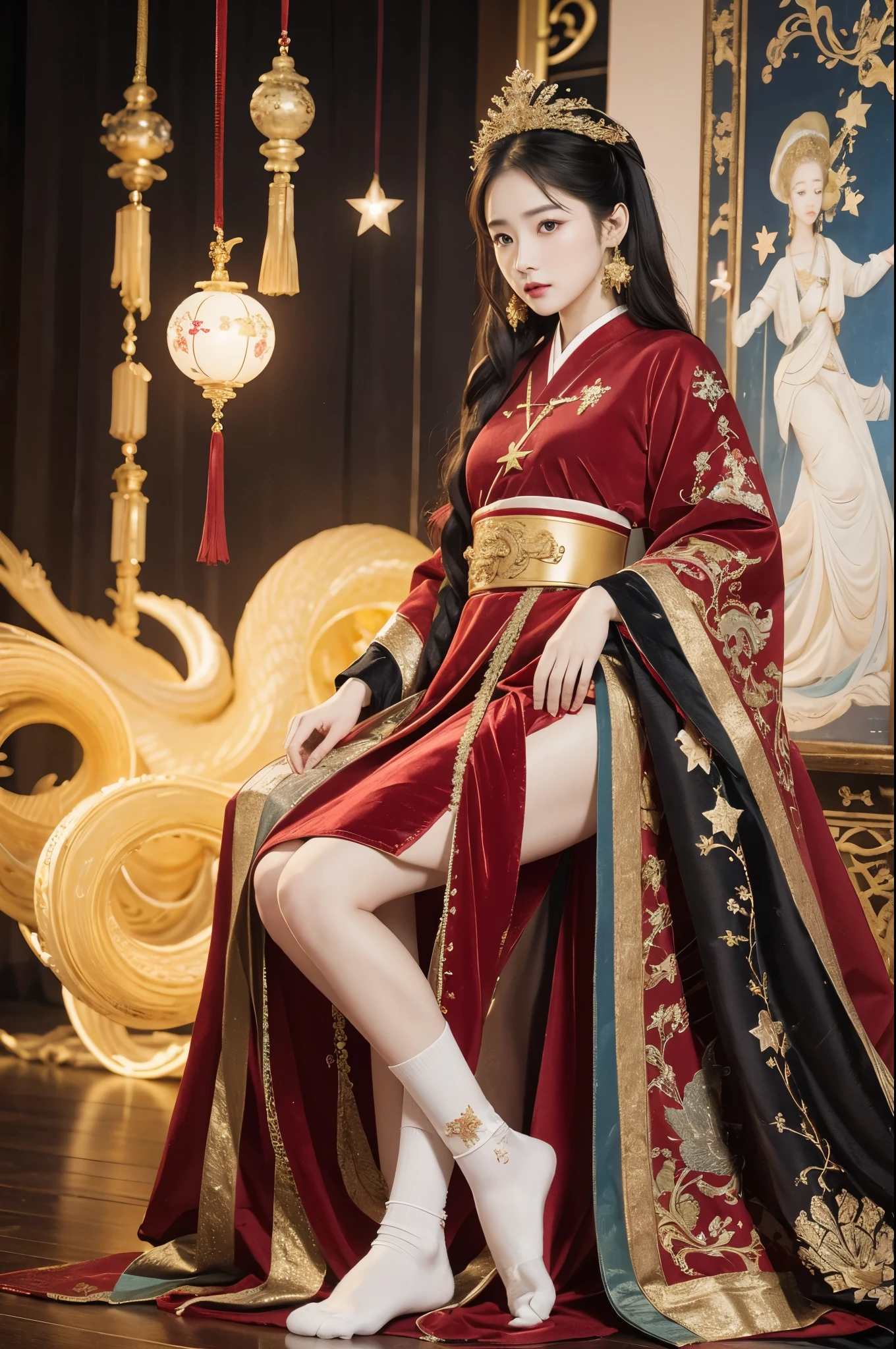 Wearing a star crown, flying colorfully，Wearing a red vestment。The shoes under your feet are full of embellishments，The precious belt around the waist is exquisite。A pair of Najin Lingbo socks，Half exposed skirt with embroidered velvet。Holding the Ruyi Golden Hook，The Jinzunli pole is as long as a python