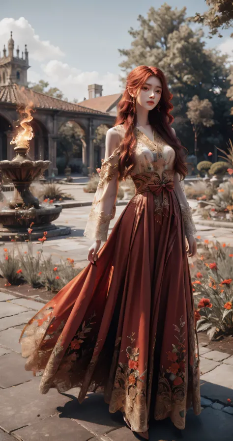 (absurdres, highres, ultra detailed), 1girl, solo, mature, (very long hair, red hair), Baroque, long dress, phoenix dress, long ...