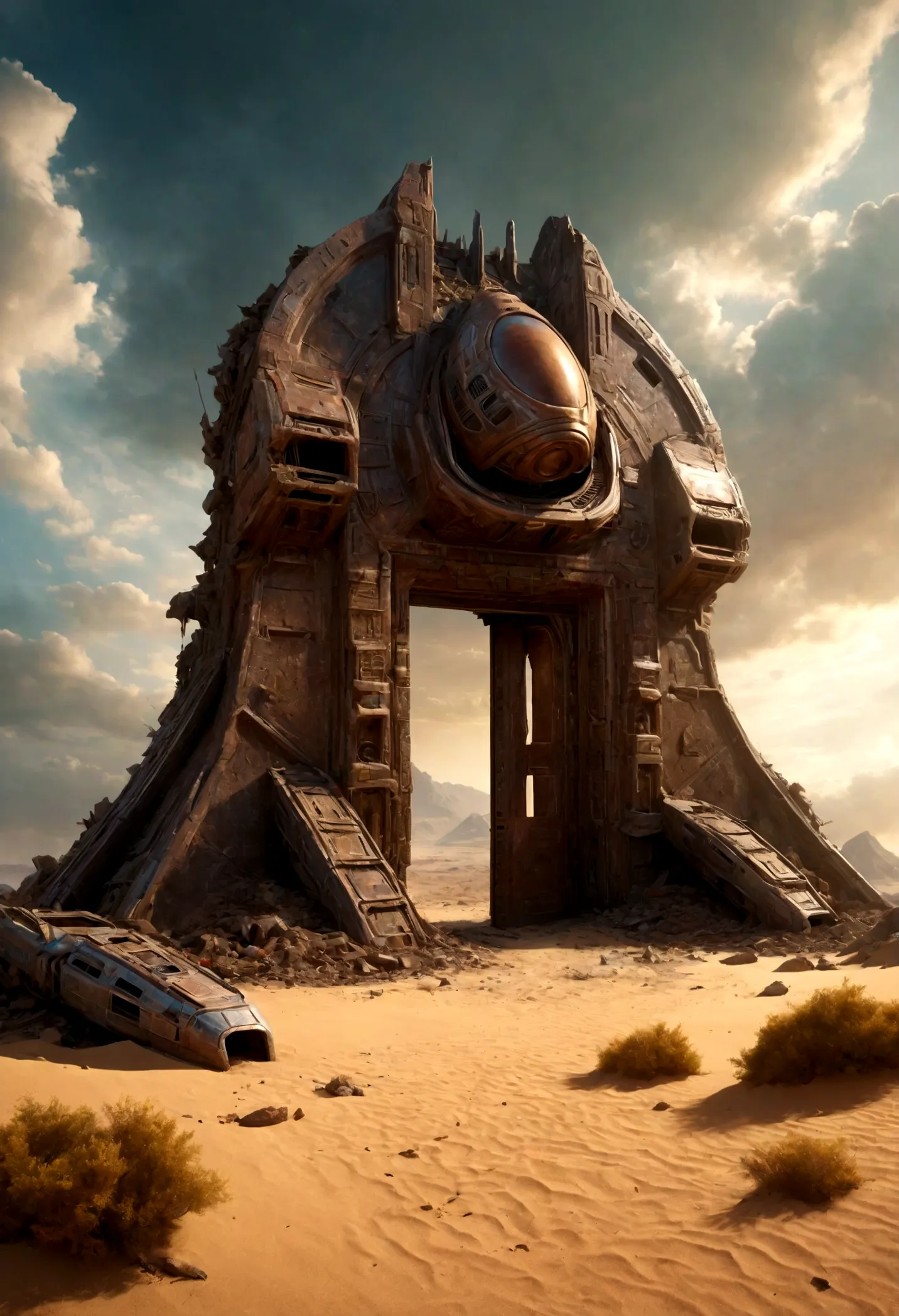 (EN UN VALLE RODEADO DE ACANTILADOS) ((THE DOOR OF AN ALIEN TEMPLE IN RUINS AND IN PIECES) , (A GIANT, THREE-LEVEL, 300-METER-LONG SPACESHIP FALLING RUSTY ABANDONED LAYING IN THE SAND CRUMBLED INTO DOZENS OF PIECES BY TIME))), SUPER HIGH DEFINITION IMAGE W...