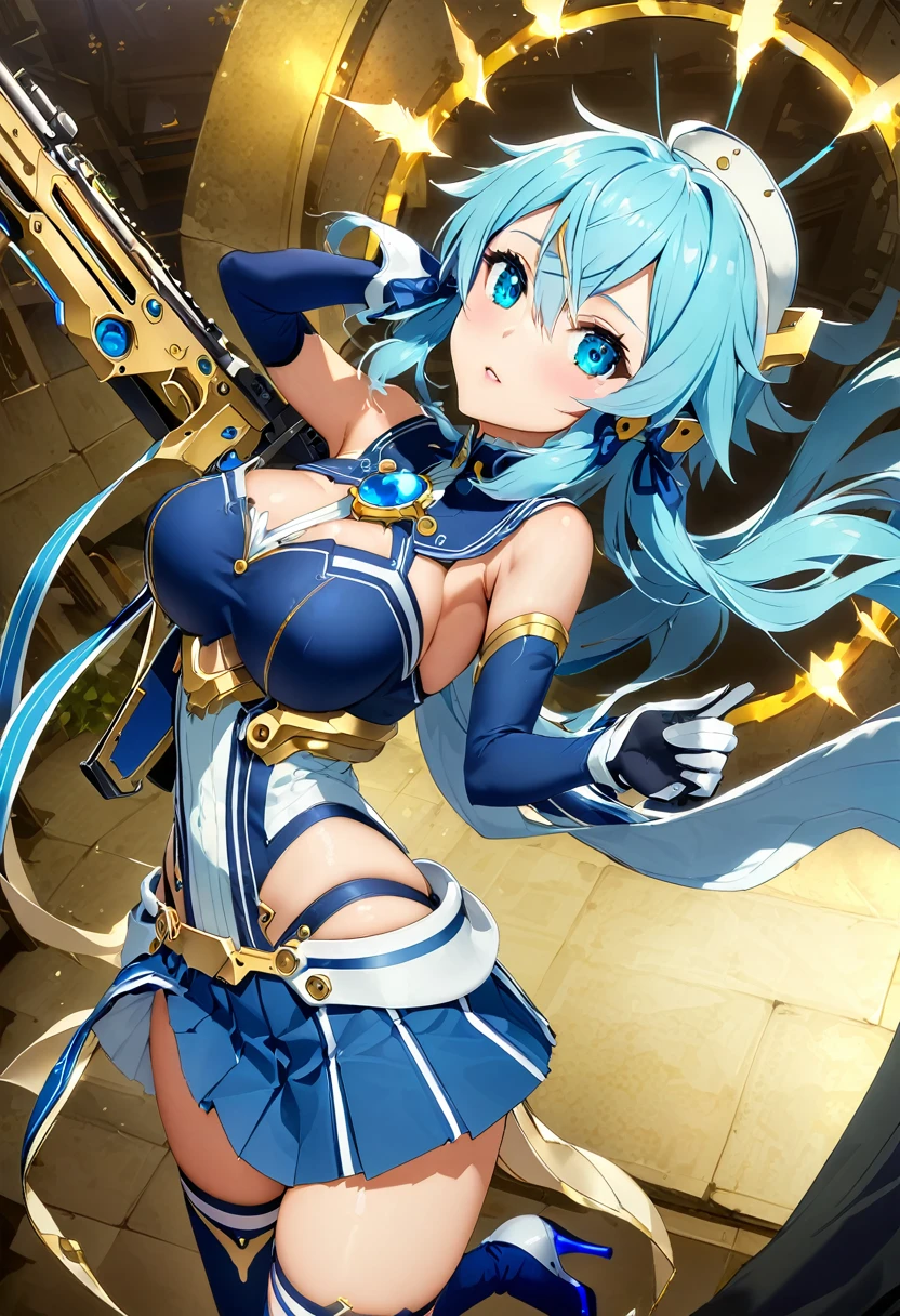 highest quality、unity 8k wallpaper、32k、masterpiece、Very detailed、Ultra-high resolution、Very detailedな顔、RAW Photos、Professional、Ultra-fine painting、Archer of the Sky, Sinon Solus、light blue short hair、Sky blue eyes、Blue magical girl costume、Deep indigo ribbon and large sapphire brooch、(((White pleated skirt with blue lines)))、Blue and white long gloves、Indigo thigh-high stiletto heel boots with gold molding、Antimatter Rifle