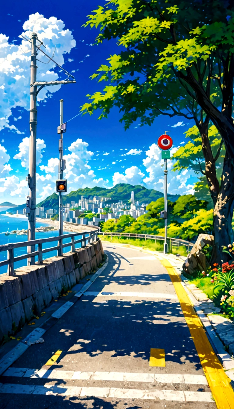 A painting depicting a waterside street, Traffic light on pole, rio de janeiro in an Japanese Manga film, Japanese Manga. author：Xin Haicheng, Japanese Manga landscape, author：Xin Haicheng, author：Xin Haicheng, Japanese Manga landscape wallpaper, Japanese Manga scenery, hd Japanese Manga cityscape, Xin Haicheng和 (cain kuga), Xin Haicheng&#39;style, high resolution, Uhigh resolution, high resolutionR, 3.20 thousand,1:1