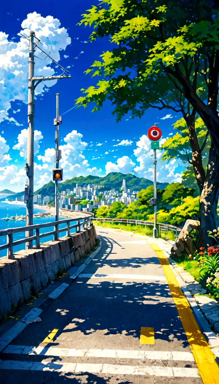 A painting depicting a waterside street, Traffic light on pole, rio de janeiro in an Japanese Manga film, Japanese Manga. author...