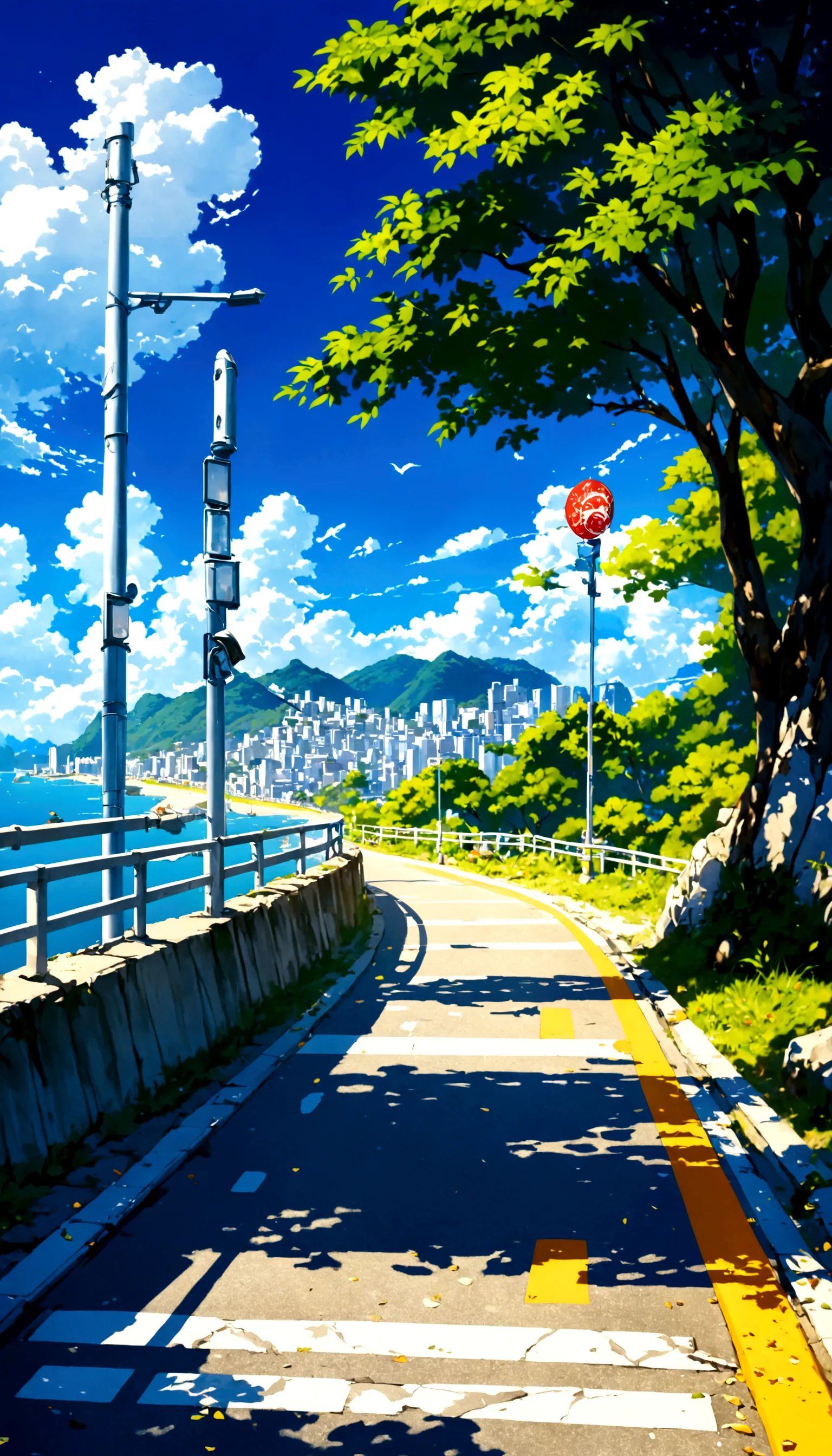 A painting depicting a waterside street, Traffic light on pole, rio de janeiro in an Japanese Manga film, Japanese Manga. author...