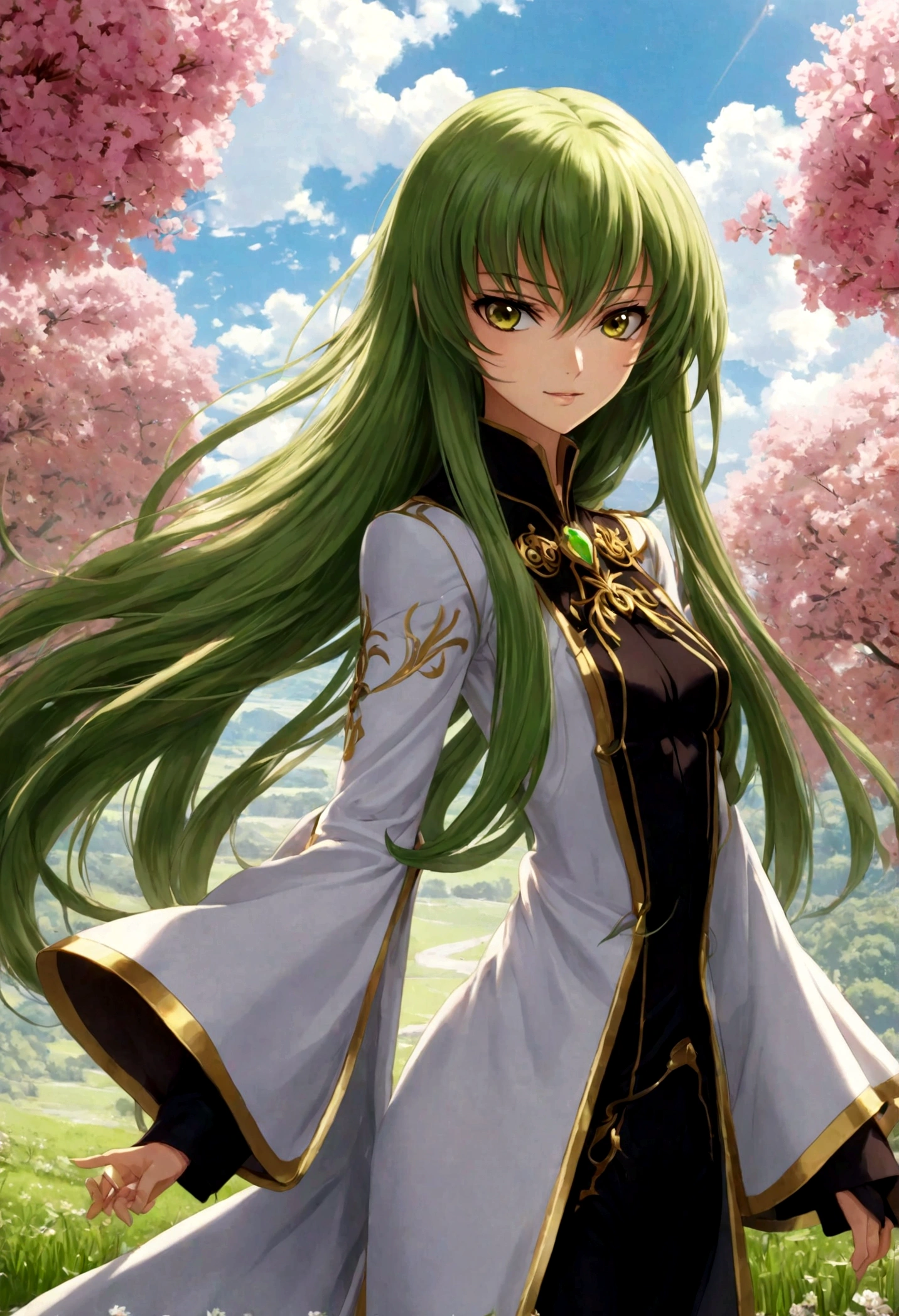 1girl, Code Geass, C.C., "CODE GEASS Lelouch of the Rebellion", solo, (green hair), by gilleard james, cc_codegeass, long hair, straight hair, bangs, brown eyes, hair between eyes, suit, cloak, flowers, outdoor, seductive smile, looking at viewer, (masterpiece, best quality, Professional, perfect composition, very aesthetic, absurdres, ultra-detailed, intricate details:1.3)