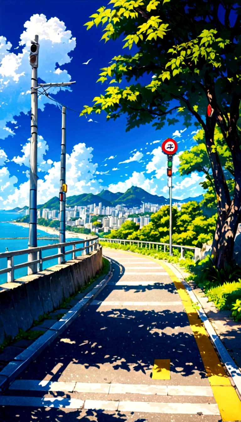 Ein Gemälde, das eine Straße am Wasser darstellt, Ampel auf Mast, rio de janeiro in an Japanischer Manga film, Japanischer Manga. Autor：Xin Haicheng, Japanischer Manga landscape, Autor：Xin Haicheng, Autor：Xin Haicheng, Japanischer Manga landscape wallpaper, Japanischer Manga scenery, hd Japanischer Manga cityscape, Xin Haicheng和 (Kain Kuga), Xin Haicheng;Stil, Hohe Auflösung, UHohe Auflösung, Hohe AuflösungR, 3.20 Tausend,1:1 Größe