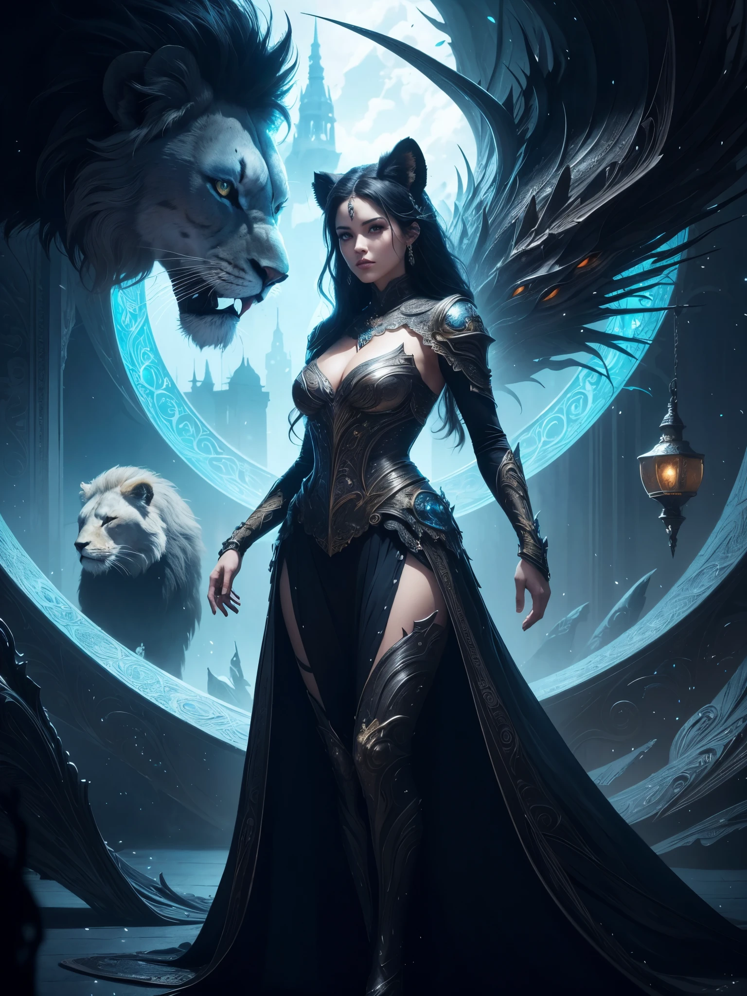 a woman in costume standing next to a lion, Exquisite and epic character art., fantasy character art., impresionante arte de personajes, hyper detailed fantasy character, samira de liga de leyendas, epic fantasy art style, epic fantasy character art., la leona negra suave, complex fantasy character, Epic fantasy style, hermosa diosa de leo, amazing 8k character concept art