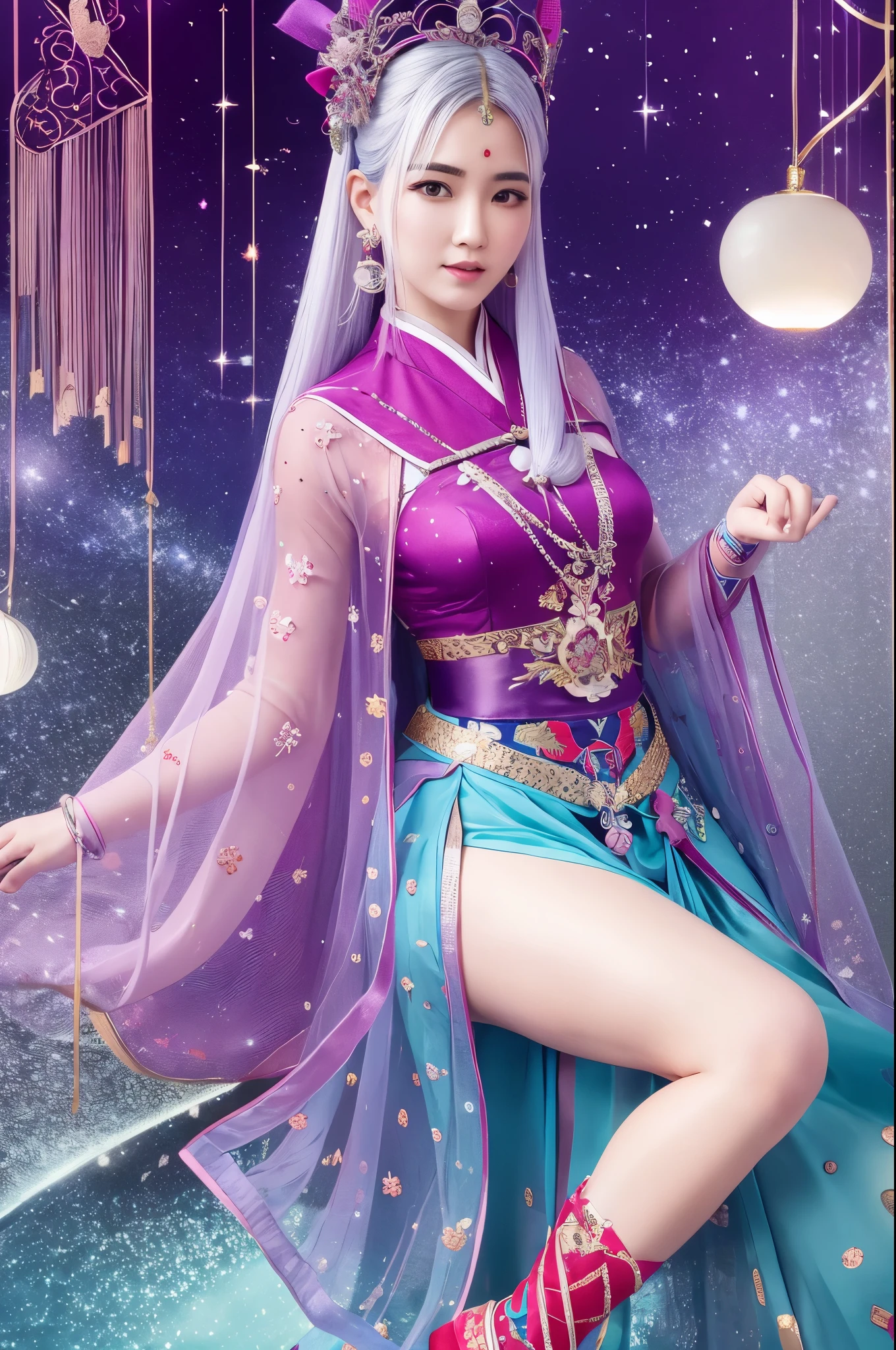 Wearing a star crown, flying colorfully，Wearing a red vestment。The shoes under your feet are full of embellishments，The precious belt around the waist is exquisite。A pair of Najin Lingbo socks，Half exposed skirt with embroidered velvet。Holding the Ruyi Golden Hook，The Jinzunli pole is as long as a python