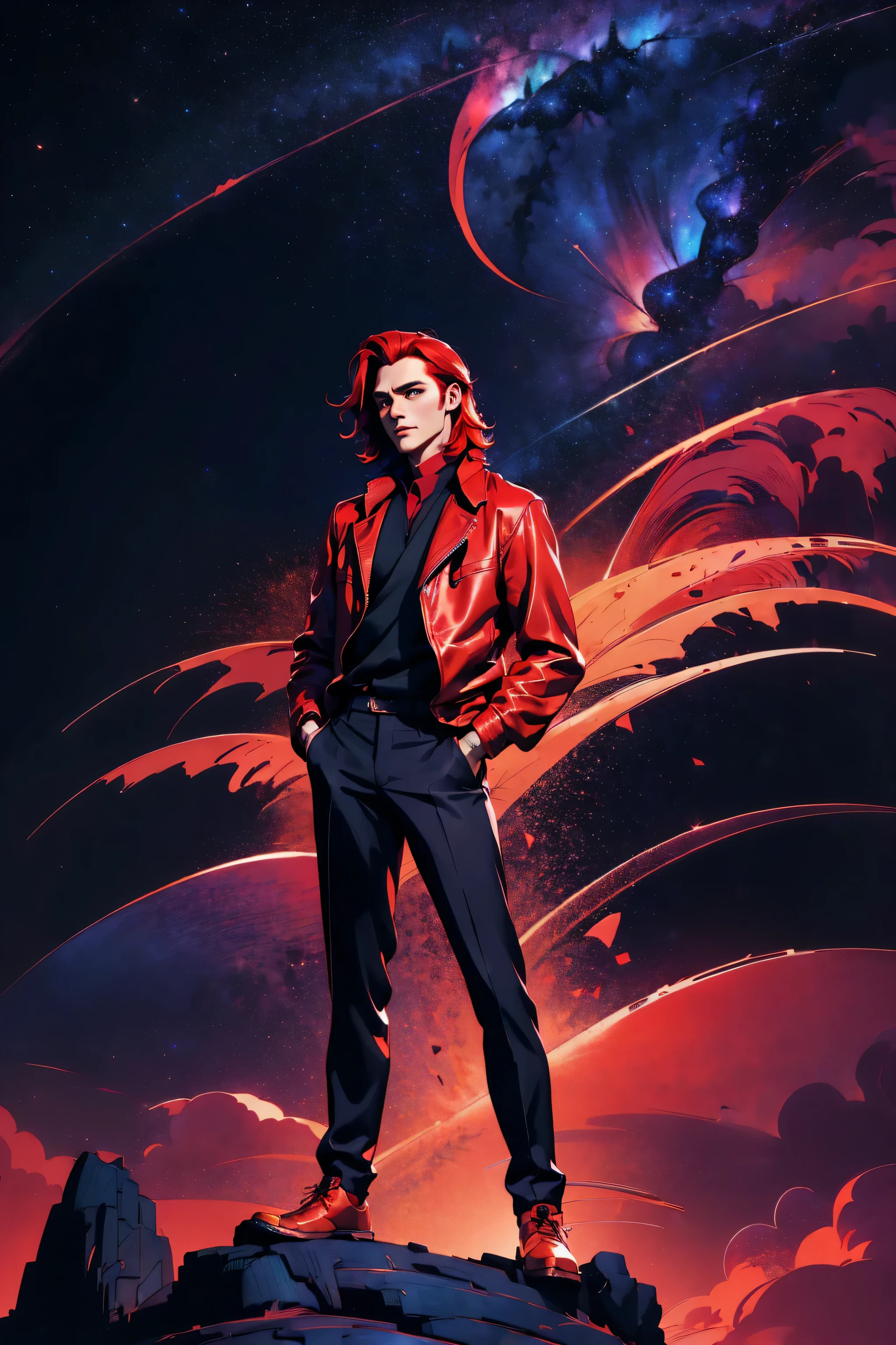 l1s4fr4nk, un hombre, elegante, robusto, cabello rojo, usando una chaqueta, colocado en una carretera de la ciudad por la noche, iluminación urbana suave, Cielo estrellado en el fondo, en una pose natural, mejor calidad, loraeyes